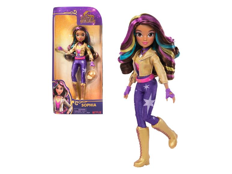 Poupée Sophia de l'Académie des Licornes dans son emballage et seule, avec des cheveux colorés et une tenue dorée.