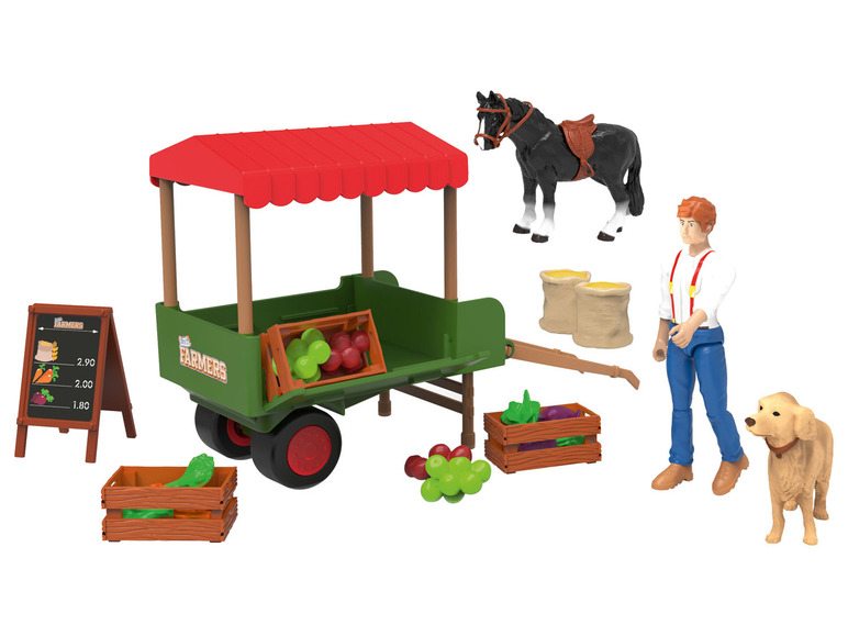 Un ensemble de ferme jouet avec un chariot, un cheval, un fermier et un chien.