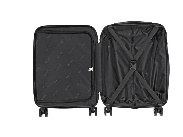 Valise noire ouverte avec compartiments intérieurs et sangles