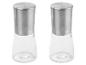 Deux moulins à sel et à poivre en verre Ivapur avec couvercles en acier inoxydable.