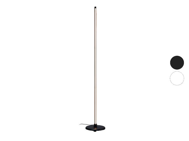 Lampadaire LED noir avec base ronde et deux options de couleur.