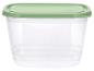 Boîte de conservation en plastique transparent avec couvercle vert.