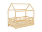 Un lit d'enfant en bois avec un cadre en forme de maison et deux tiroirs.