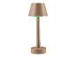 Une lampe de table beige avec un abat-jour rond.