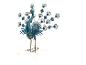 Paon décoratif en métal bleu avec plumes de queue dorées et pattes en fil de fer.