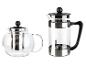 Théière en verre avec infuseur et cafetière à piston en verre.