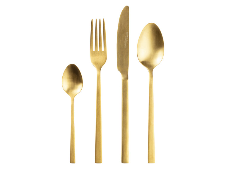 Une fourchette, un couteau et une cuillère dorés de Livarno Home.