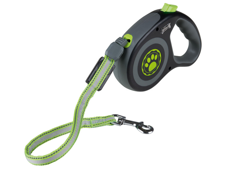 Une laisse pour chien de couleur grise et verte avec un enrouleur rétractable de la marque Zoorari.