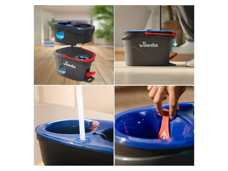 Système de seau Vileda pour serpillière avec compartiments séparés pour eau propre et sale, et pédale.