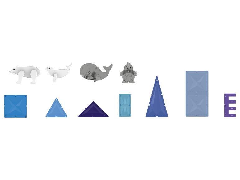 Blocs de construction magnétiques et figurines d'animaux, dont un ours polaire, un phoque, une baleine et un pingouin.