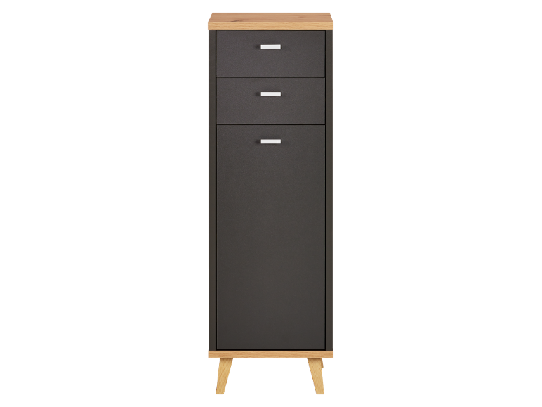 Commode moderne à trois compartiments, finition gris foncé, plateau et pieds en bois