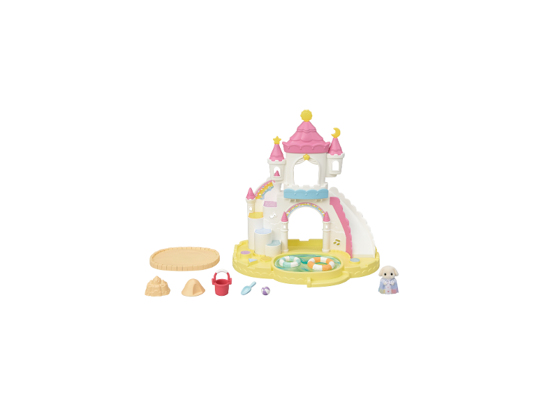 Château de plage jouet avec toboggan, piscine, bac à sable et accessoires, plus une figurine animale.