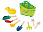 Un arrosoir jaune, une pelle verte et d'autres outils de jardin dans un sac vert.