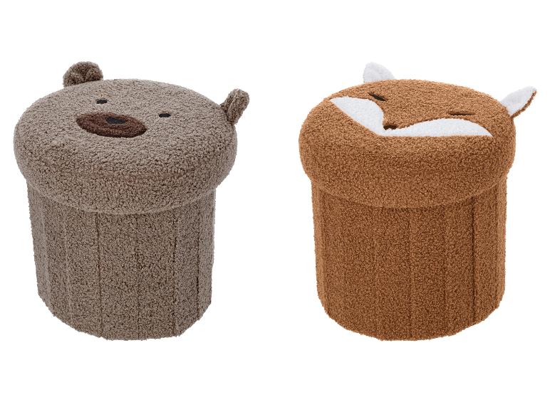 Deux poufs de rangement à thème animal : un ours brun et un renard orange.