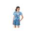 Pyjama femme bleu avec t-shirt Stitch et short à motifs.