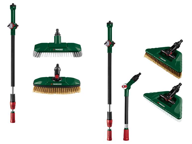 Ensemble de brosses de nettoyage Parkside avec manche télescopique et têtes variées.