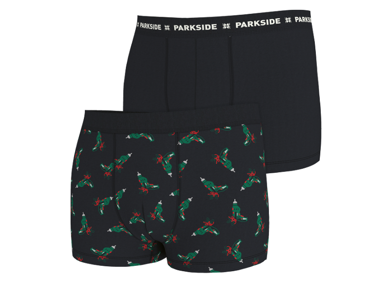Lot de deux boxers pour homme, l'un noir et l'autre avec un motif festif de perceuses.