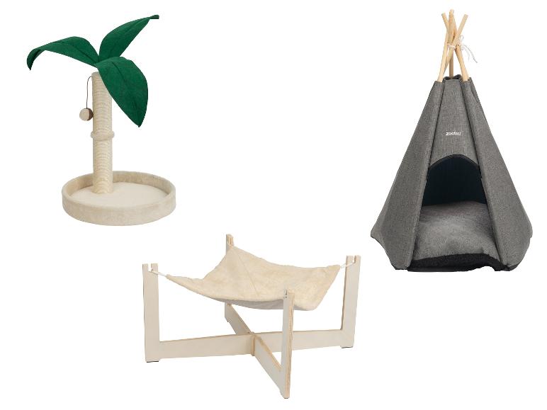 Arbre à chat avec feuilles de palmier, hamac pour chat et tipi pour chat