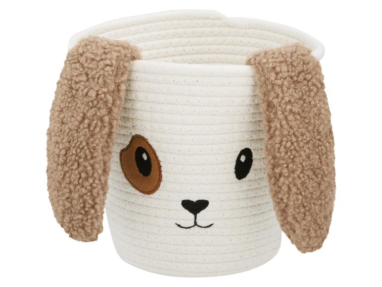 Panier de rangement en coton avec motif de chien et oreilles en peluche.