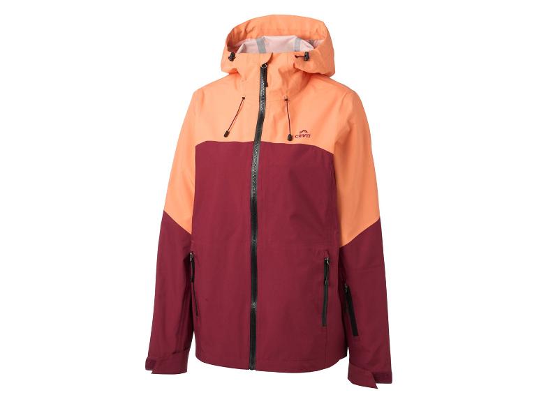 Veste de sport bicolore orange et bordeaux avec capuche et fermeture éclair noire.