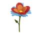 Une fleur en papier colorée avec des pétales rouges, oranges et bleus.