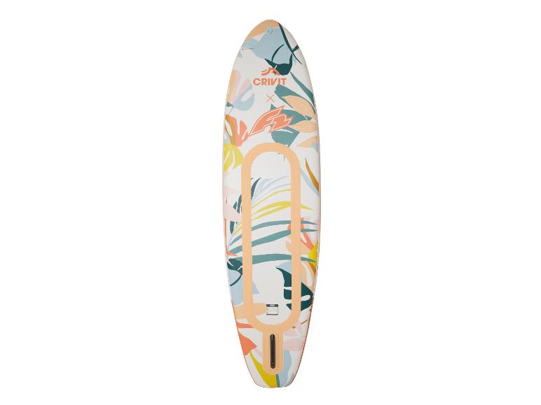Planche de paddle gonflable avec motif floral tropical et couleurs pastel.