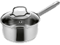 Casserole en acier inoxydable avec couvercle en verre.
