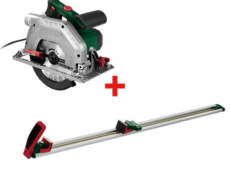 Scie circulaire Parkside et rail de guidage.