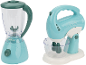 Mixeur et batteur jouets turquoise et blancs, avec les textes 'Happy Family' et 'Mixer'.