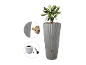 Jardinière haute grise avec plante, dotée d'un robinet et de composants internes.