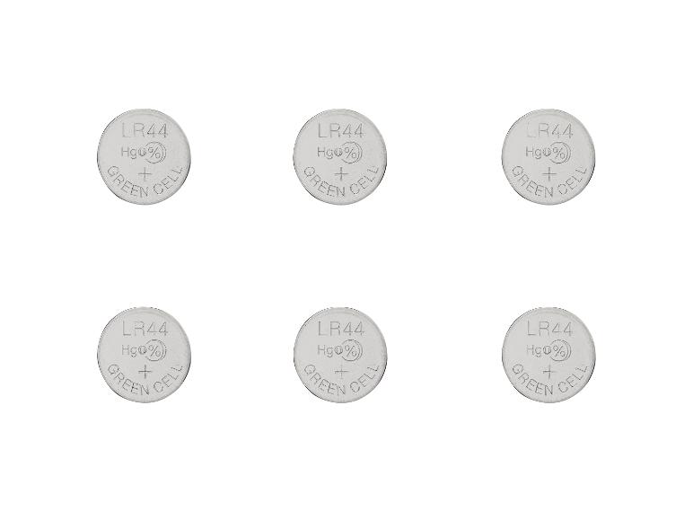 Six piles rondes LR44 avec l'inscription 'Green Cell'.