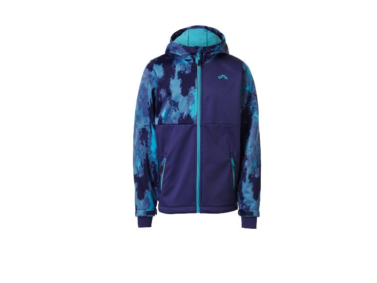 Veste softshell pour garçons avec capuche dans des tons bleus et violets, avec fermeture éclair et poches.