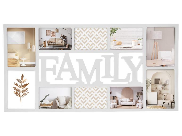 Cadre photo blanc multi-ouvertures épelant 'FAMILY' avec diverses images de décoration intérieure.