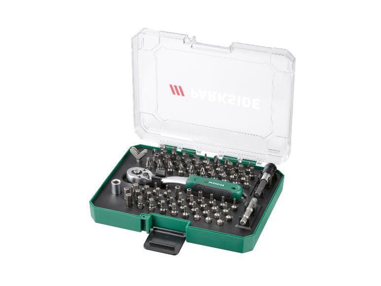 Jeu d'embouts de tournevis PARKSIDE avec cliquet et adaptateurs, dans une boîte verte