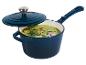 Casserole bleue avec couvercle, remplie de soupe verte garnie d'herbes et de baies roses