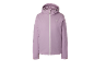Veste d'hiver violette avec capuche et fermeture éclair blanche.