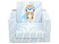 Fauteuil pour enfant à rayures bleues et blanches avec un imprimé tigre super-héros.