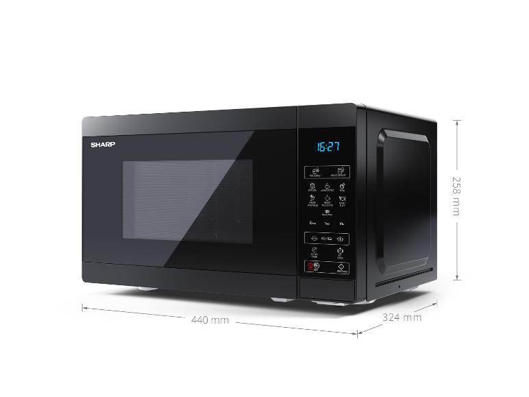 Four à micro-ondes Sharp noir avec affichage numérique et boutons de commande, avec dimensions.