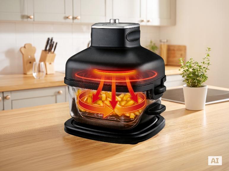 Friteuse sans huile en verre SILVERCREST SHFDG 1500 A1 montrant la circulation de l'air chaud