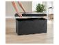 Un banc de rangement noir avec un siège capitonné, ouvert pour le rangement.