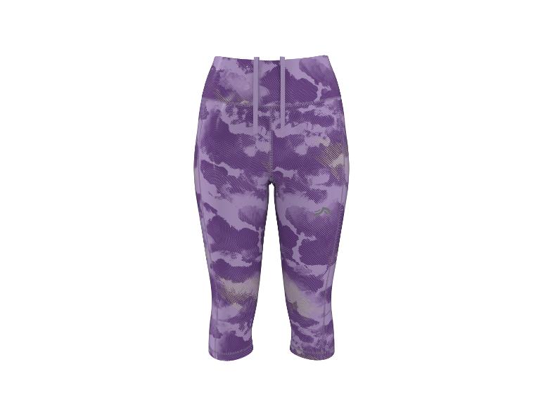 Legging de sport capri violet avec motif abstrait et cordon de serrage.