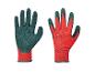 Une paire de gants de travail rouges et verts avec revêtement antidérapant et marquages de sécurité.