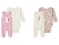 Deux ensembles bébé : grenouillère velours rose à lapin et grenouillère coton fleurie.