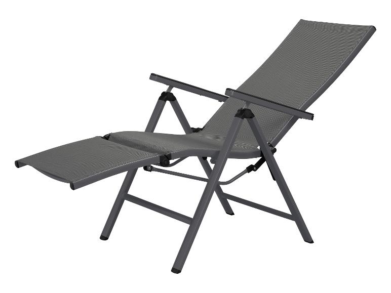 Chaise longue de jardin pliable grise avec repose-pieds intégré