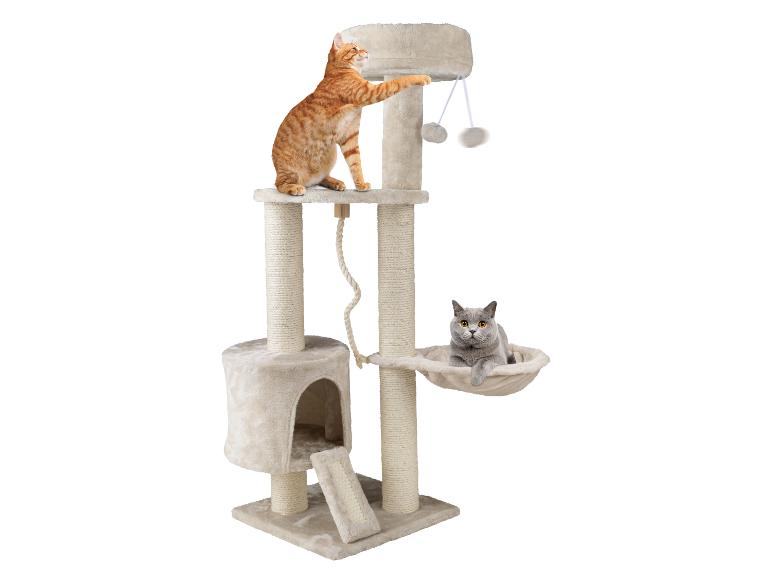 Deux chats jouant sur un arbre à chat beige.