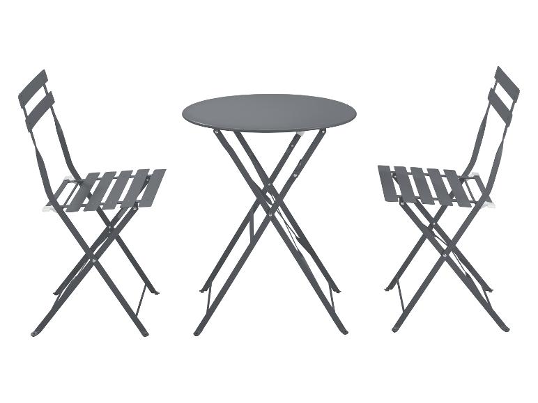 Ensemble de bistrot gris composé d'une table ronde et de deux chaises pliantes.