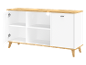 Buffet moderne blanc avec détails en bois et étagères ouvertes.