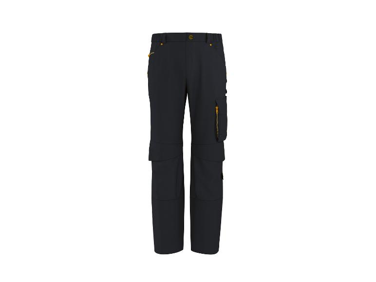 Pantalon de travail bleu foncé avec des accents orange et des poches latérales.