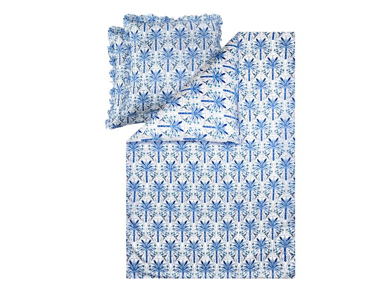 Parure de lit avec housse de couette et taie d'oreiller à motif palmiers bleus et oiseaux.