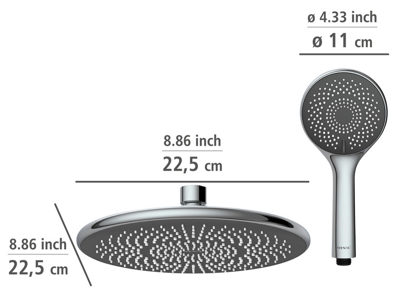 Un pommeau de douche WENKO avec une douche pluie ronde et une douchette.